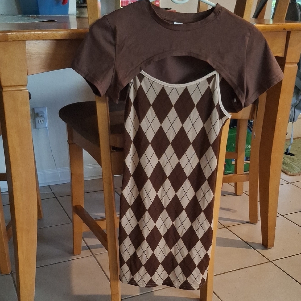Brown and Cream Argyle Dress with Bolero